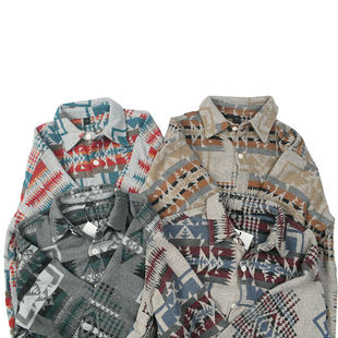 咔叽休闲古着长袖 霍瓦纳图腾 衬衫 复古做旧色羊毛工装 衬衣513 日式