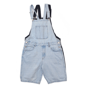 休闲宽松直筒背带中裤 牛仔短裤 欧美小众复古做旧水洗工装 标杆