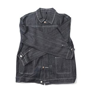 原色牛 小众复古做旧水洗牛仔夹克缉名线字母胶印宽松双袋外套086