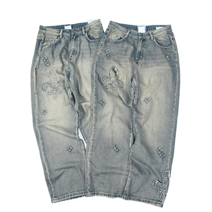 贴布图纹 美式复古做旧水洗牛仔裤 日常休闲宽松直筒高街长裤 832