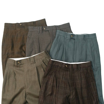 咔叽复古双褶格纹西裤