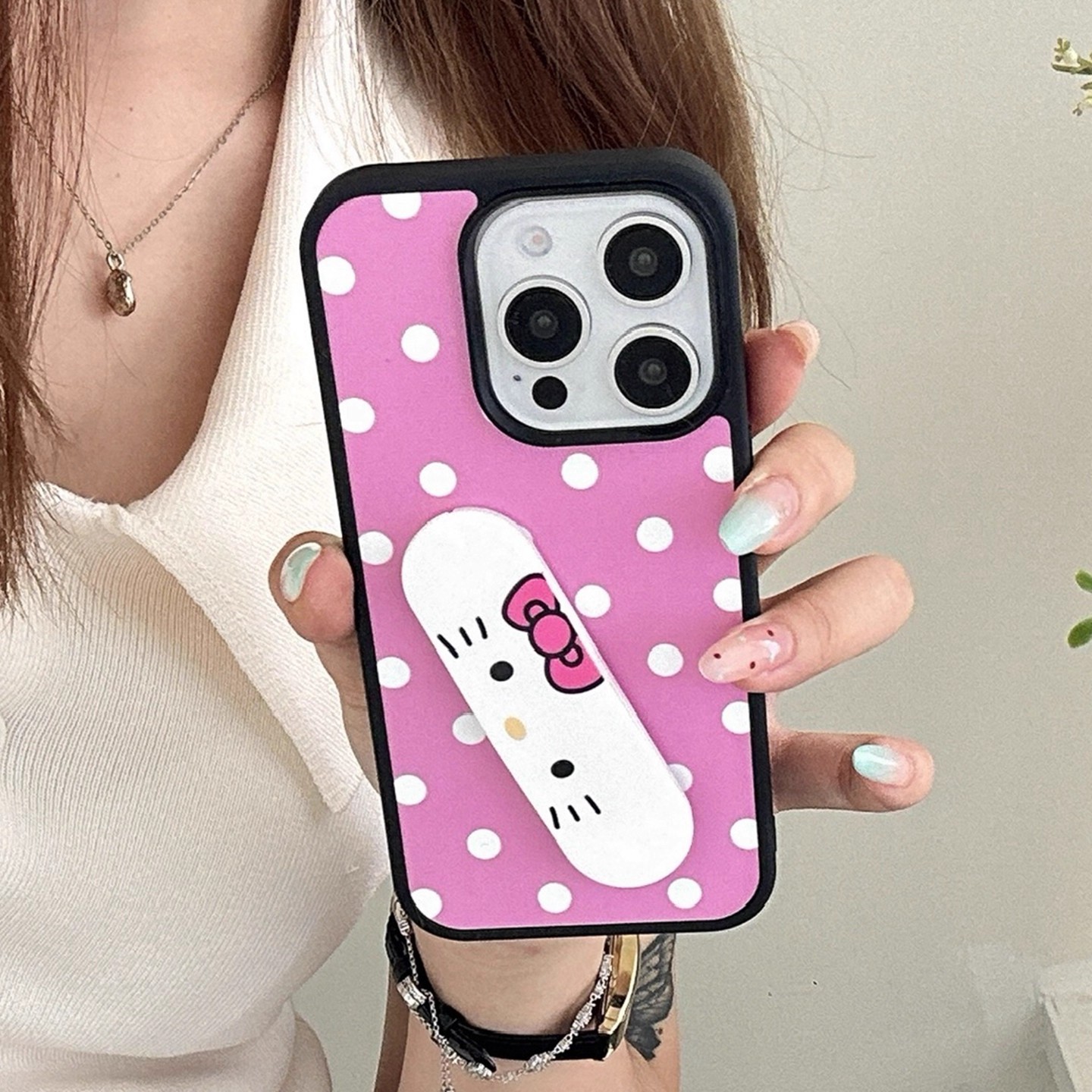 宁宁 可爱少女玫红白波点kt创可贴支架女iPhone16Pro Mobile Case