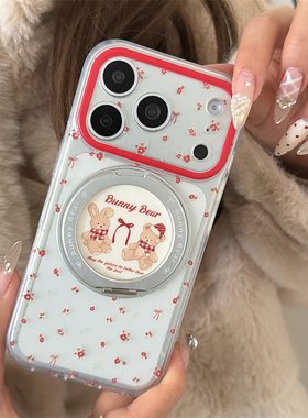 宁宁 红色碎花蝴蝶结小熊旋转支架透明女iPhone17Pro Mobile Case