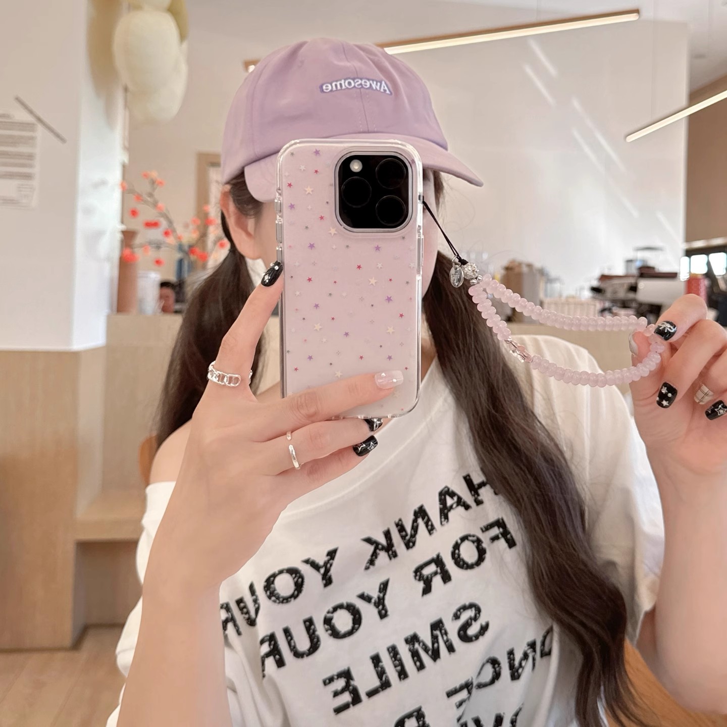 宁宁 韩风简约紫色渐变星星带挂绳软边女iPhone16Pro Mobile Case