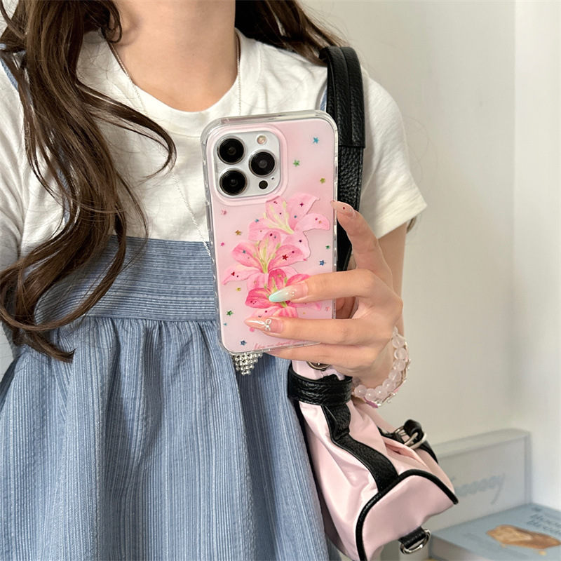 宁宁 甜美ins彩色星星粉百合软边硬底女iPhone16Pro Mobile Case