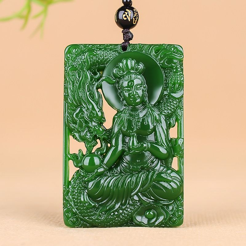 和田玉精雕镂空降龙观音牌子碧玉千手观音吊坠新疆玉骑龙观音挂件