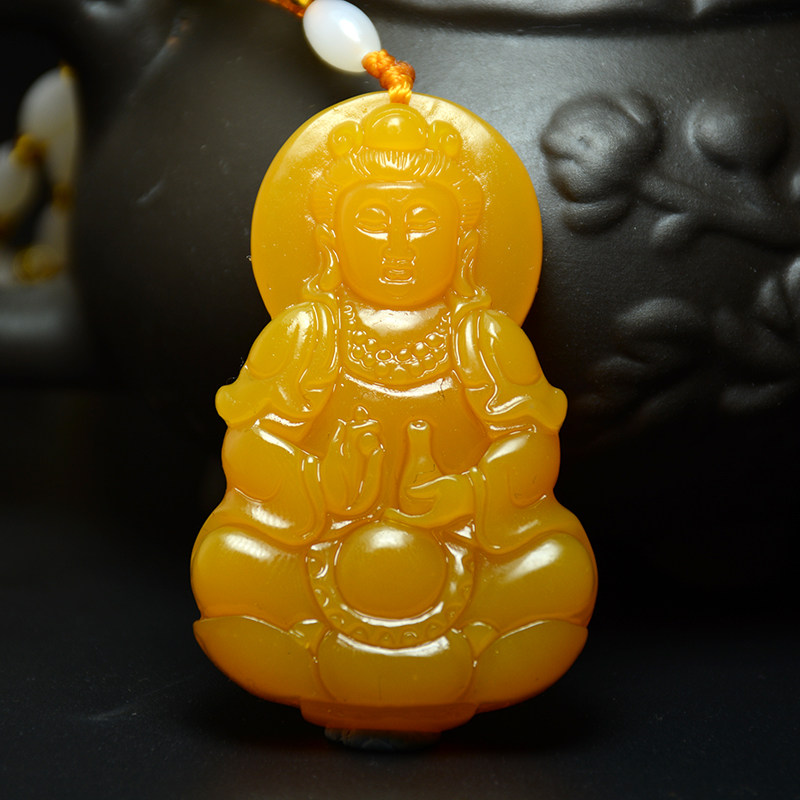 新疆和田玉黄龙玉立体观音吊坠男女款黄玉观音挂件保平安玉佩牌