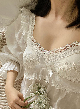 纯欲公主风！2024秋宫廷风可爱性感蕾丝花边灯笼袖长袖睡裙带胸垫