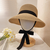 日本订单2024夏季 遮阳帽法式 甜美气质蝴蝶结绑带防晒草帽渔夫帽女