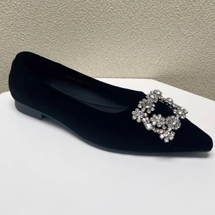 2025新款丝绒水钻方扣平底鞋尖头雪花扣方钻单鞋女鞋浅口婚鞋