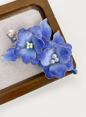 非遗手工绒花宝蓝晕染花插梳简约大气日常盘发发梳发簪发夹头饰