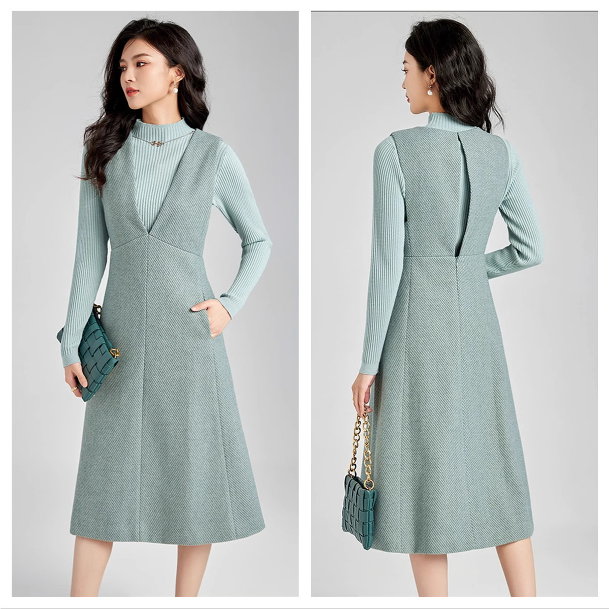 147秋冬新款品质毛呢领无袖长款