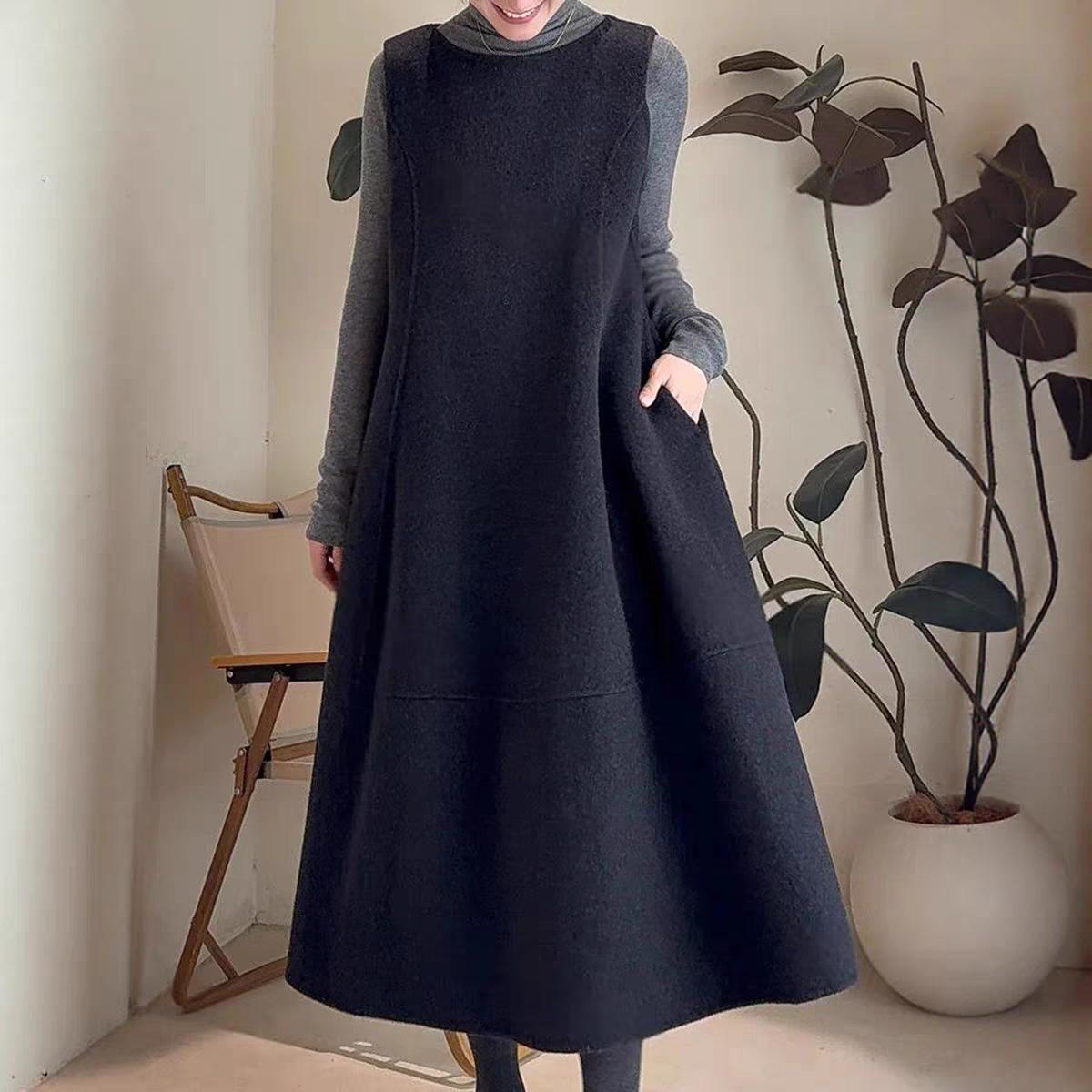 视频954女装O型大码单面羊绒毛呢套头无袖背心裙连衣裙裁剪图纸样