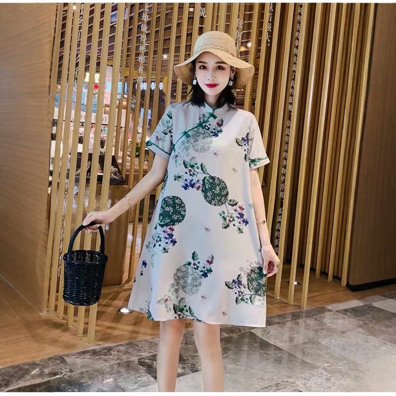 1595旗袍中国风真丝香云纱短袖连衣裙衣样服装裁剪图版纸样