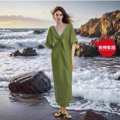 教程884香云纱真丝深V领连身短袖简约风连衣裙做衣服装裁剪图纸样