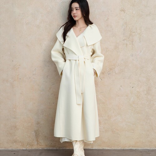 127大牌简约大翻领毛呢长款双面羊绒女大衣外套做衣服裁剪图纸样
