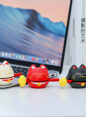 新款招财猫小木鱼静心摆件办公室解压敲打木鱼创意搞怪小礼物玩具