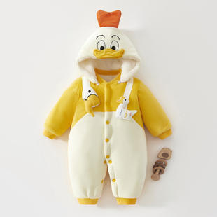 婴儿保暖棉衣秋冬季男女宝宝连体衣加绒加厚宝宝哈衣连帽幼儿爬服