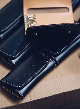 岩屋手造美国霍尔文HORWEEN进口牛皮复古按扣钥匙包黑色可放卡