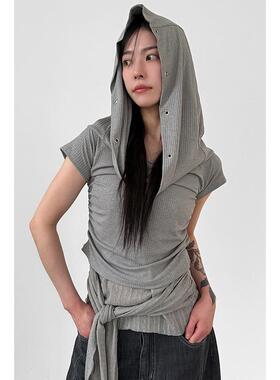 韩代26S/S eyelet hooded off shoulder golgi half tee短袖连帽T