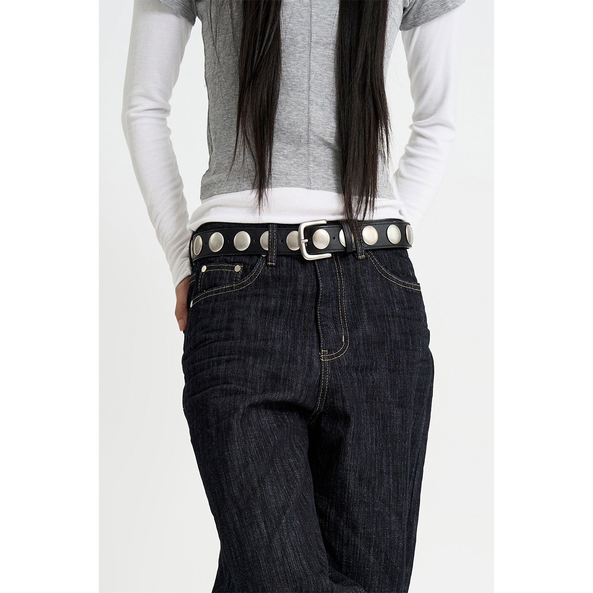 Raucohouse韩代 Big Round Stud Belt 设计师款百搭铆钉装饰腰带 - 实物图