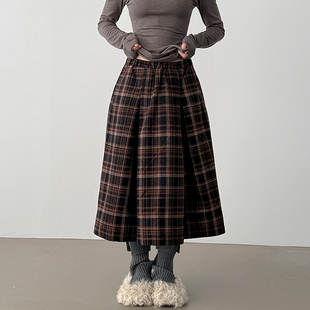 韩国代购26 wool check pleated banding long skirt 格子半身裙