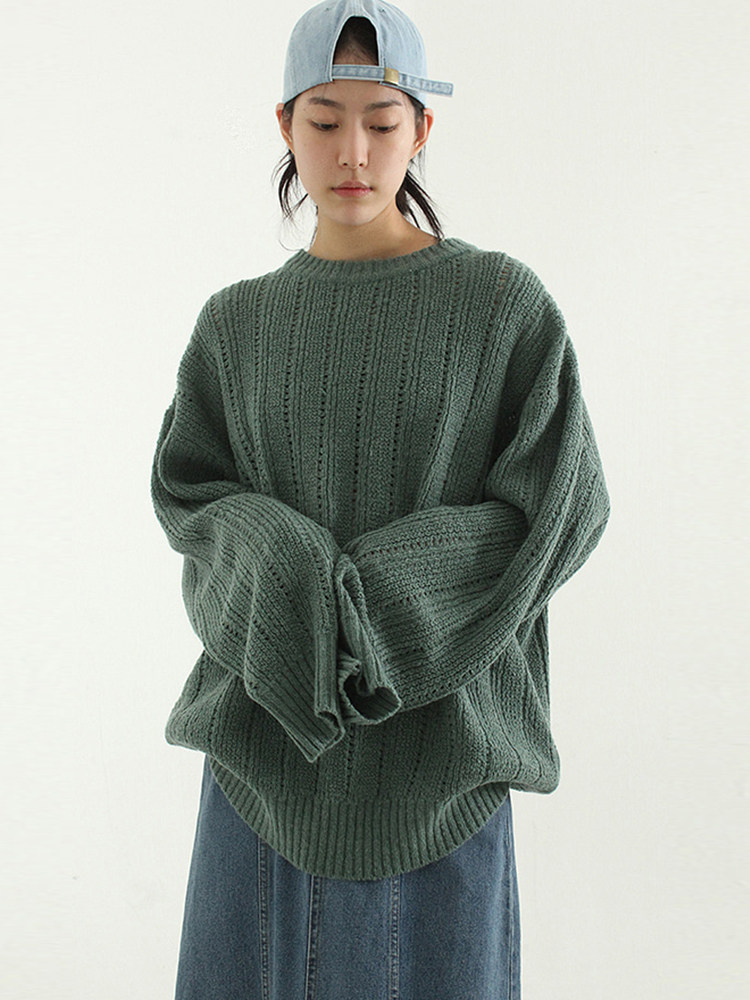 韩国代购 vertical pattern round knit(unisex)纯色宽松针织毛衣
