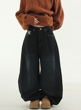 韩国代购24 dark blue balloon wide jean 设计师款宽松牛仔裤女