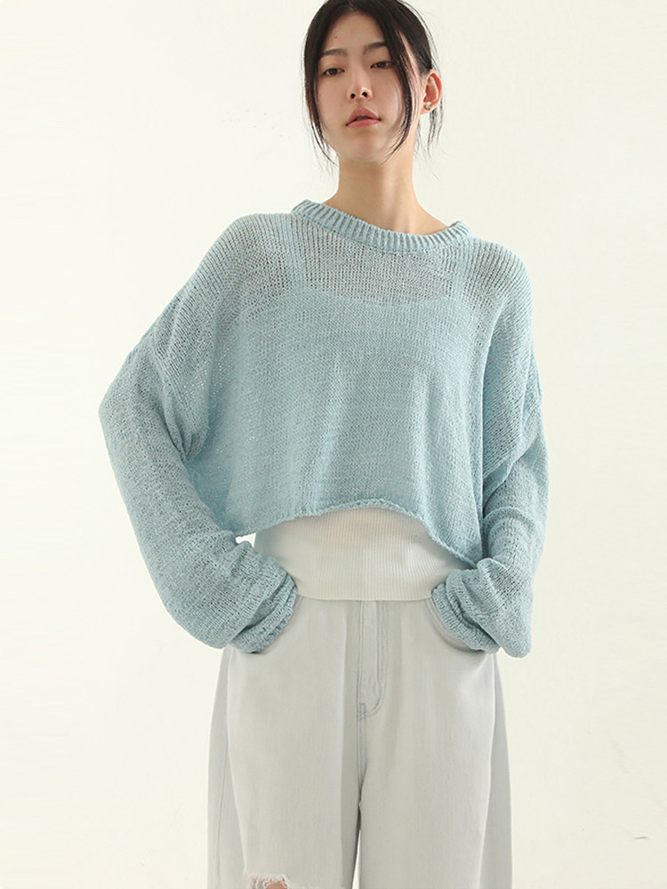 韩国代购23S/S loose fit cropped knit 宽松短款针织衫长袖薄款