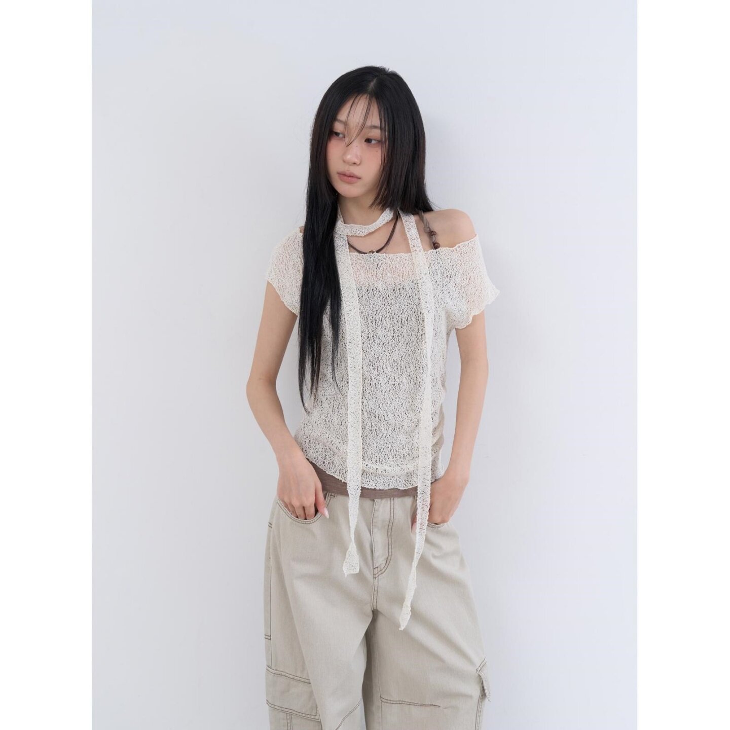 lowear韩代针织短袖T恤围巾套装