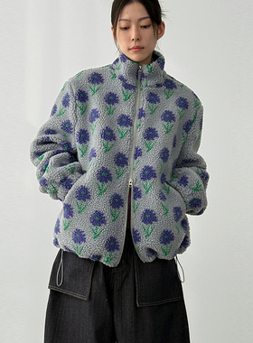 韩国代购25F/W floral fleece dumble zip-up jacket花朵毛绒外套