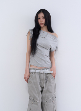 lowear韩代 eyelet ribbon short sleeve top 系带露肩短袖T恤女