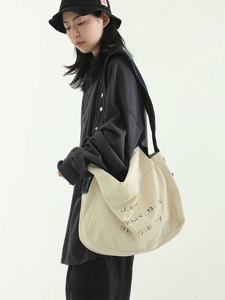 韩国代购 organic fabric square bag 街头字母印花单肩帆布包女