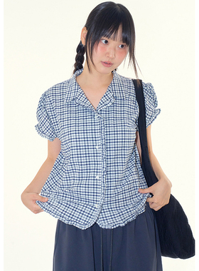 韩代Raucohouse Coco Check Frill Blouse 复古百搭短袖格子衬衫