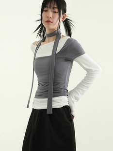 韩国代购24s/s one shoulder clean top 设计师单肩露肩上衣内搭