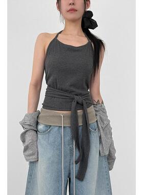 韩国代购26 halther neck golgi warp sleeveless top 绑带背心