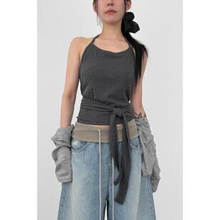 韩国代购26 halther neck golgi warp sleeveless top 绑带背心