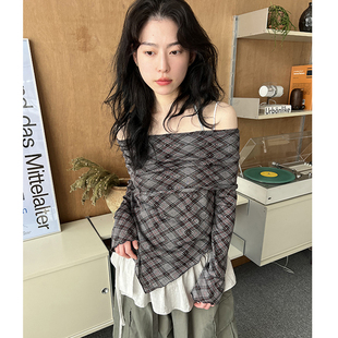 argyle off 菱格露肩长袖 25A 设计师款 tee 韩国代购 shoulder