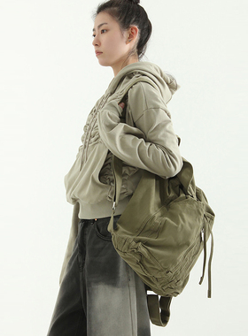 韩国代购24 washed cotton pocket back pack 设计师抽绳双肩背包