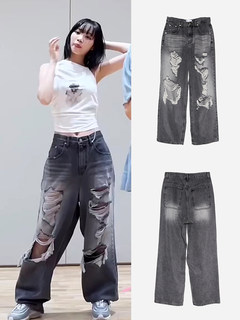 韩代Raucohouse Gray brush destroyed wide denim pants 金采源