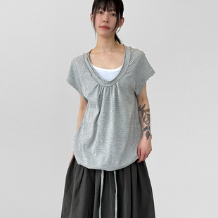 韩国代购 26A string round dot neck tee T恤上衣 褶皱短袖 half