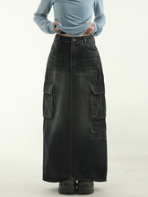 韩国代购23F/W deep brushed cargo denim long skirt 工装牛仔裙