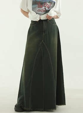国内现货 greenish dyed denim maxi skirt 深绿复古做旧牛仔裙女