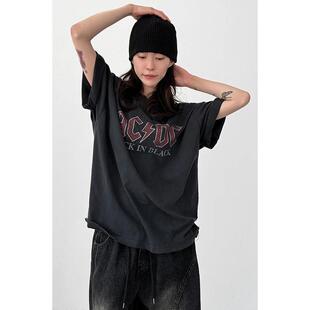 韩代26S/S AC/DC pritned cotton half tee (unisex)字母做旧T恤