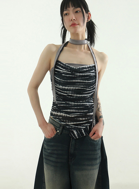 韩国代购24S/S tie-dyed halter neck sleeveless frill top 抹胸