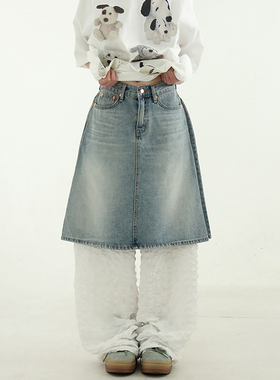 韩国代购24S/S side tuck washed denim midi skirt 侧边捏褶中裙
