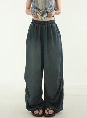 韩国代购23S/S deep blue denim banding pants 薄款宽松牛仔裤女