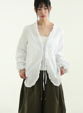 韩国现货24A/W frill round cotton blouse 设计师款系带长袖衬衫