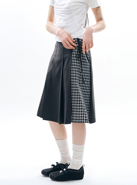韩代Raucohouse Litton side check pleated skirt拼接格子半身裙
