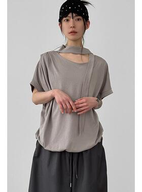 韩国代购26 tied balloon pin tuck half tee 设计师系带T恤上衣